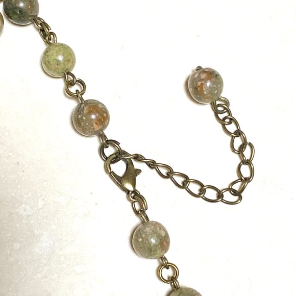 Natural Earthy Unakite Necklace, Cute Bronze Slim Mushroom + Genuine Gemstone - Picture 12 of 15